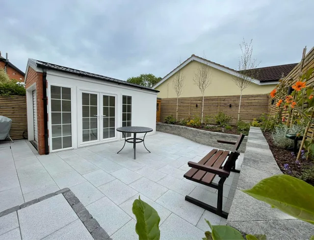 Garden room with patio and bench seating